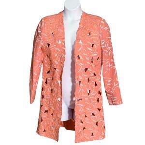 Stella Louise KB Long Linen Jacket Sz 14 Eyelet Embroidered Floral Orange Coral